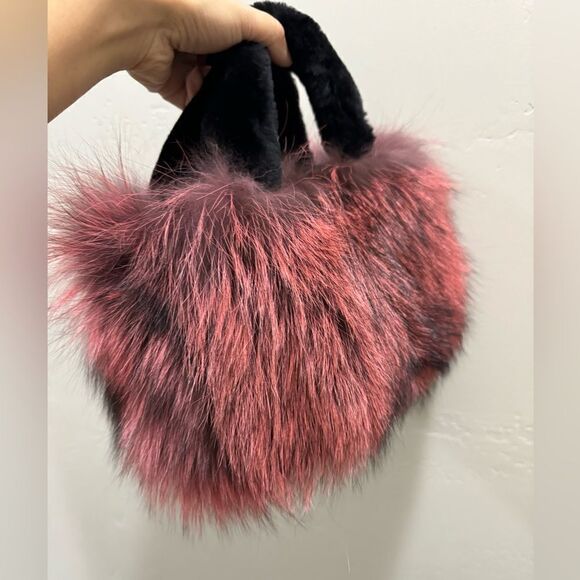 Maroon Handmade Dyed Real Fox Fur Bag With Fur Handle Includes 2 Strap Styles - Picture 12 of 16